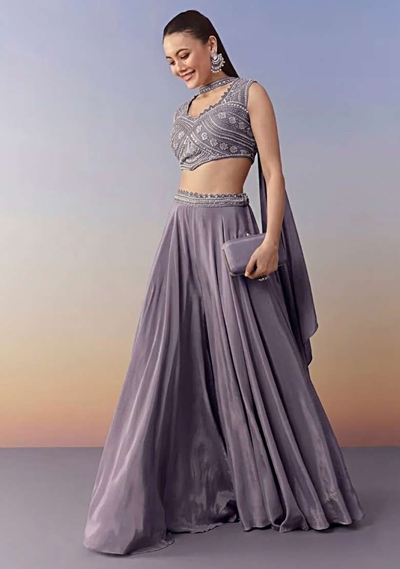 Lavender Crepe Handwork Fusion Set - Indya