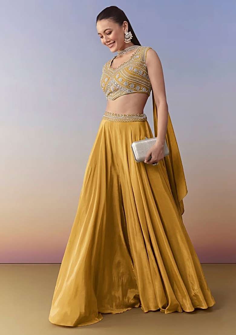 Mustard Crepe Handwork Fusion Set - Indya