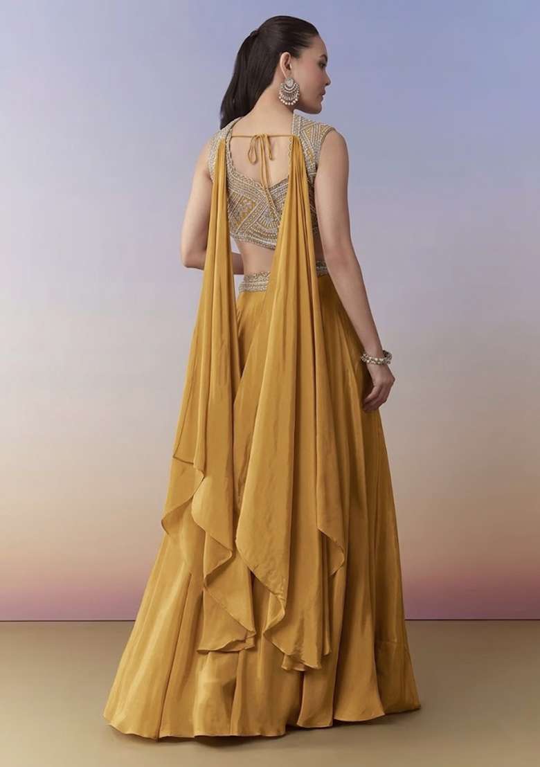 Mustard Crepe Handwork Fusion Set - Indya