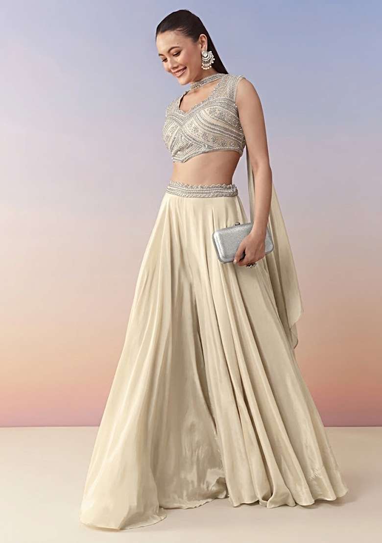 Ivory Crepe Handwork Fusion Set - Indya
