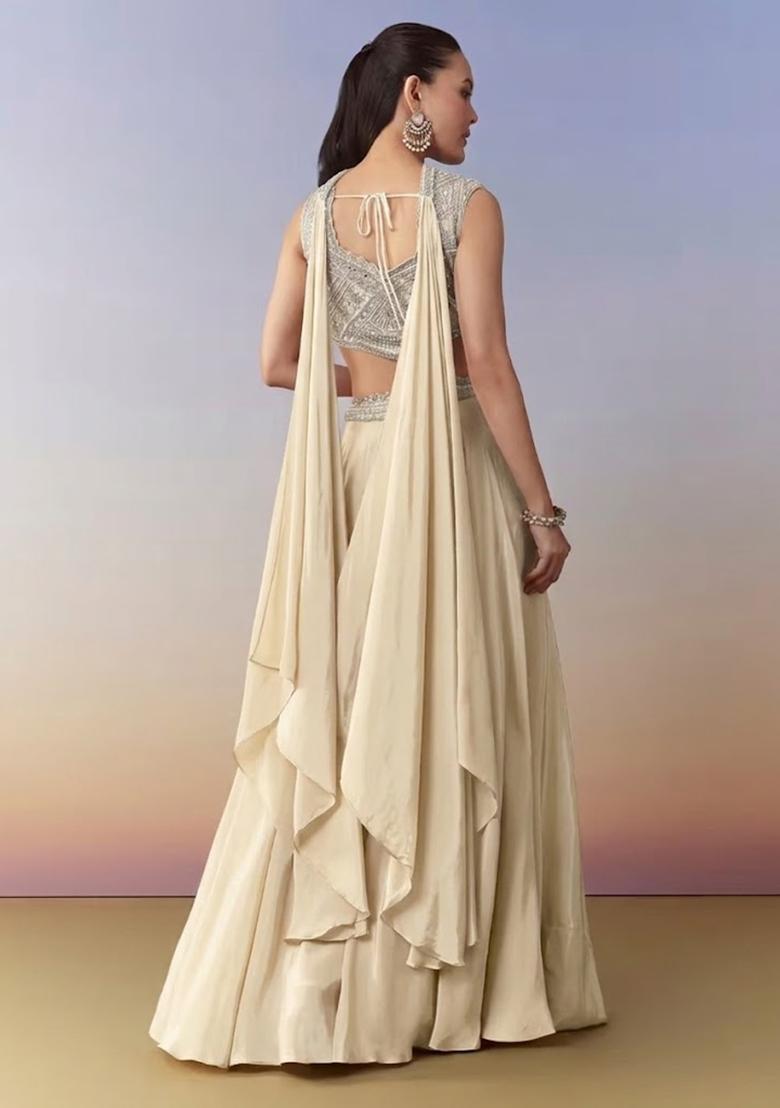 Ivory Crepe Handwork Fusion Set - Indya