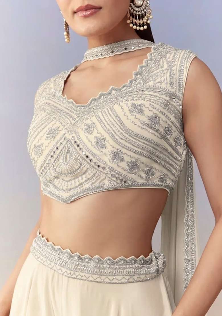 Ivory Crepe Handwork Fusion Set - Indya