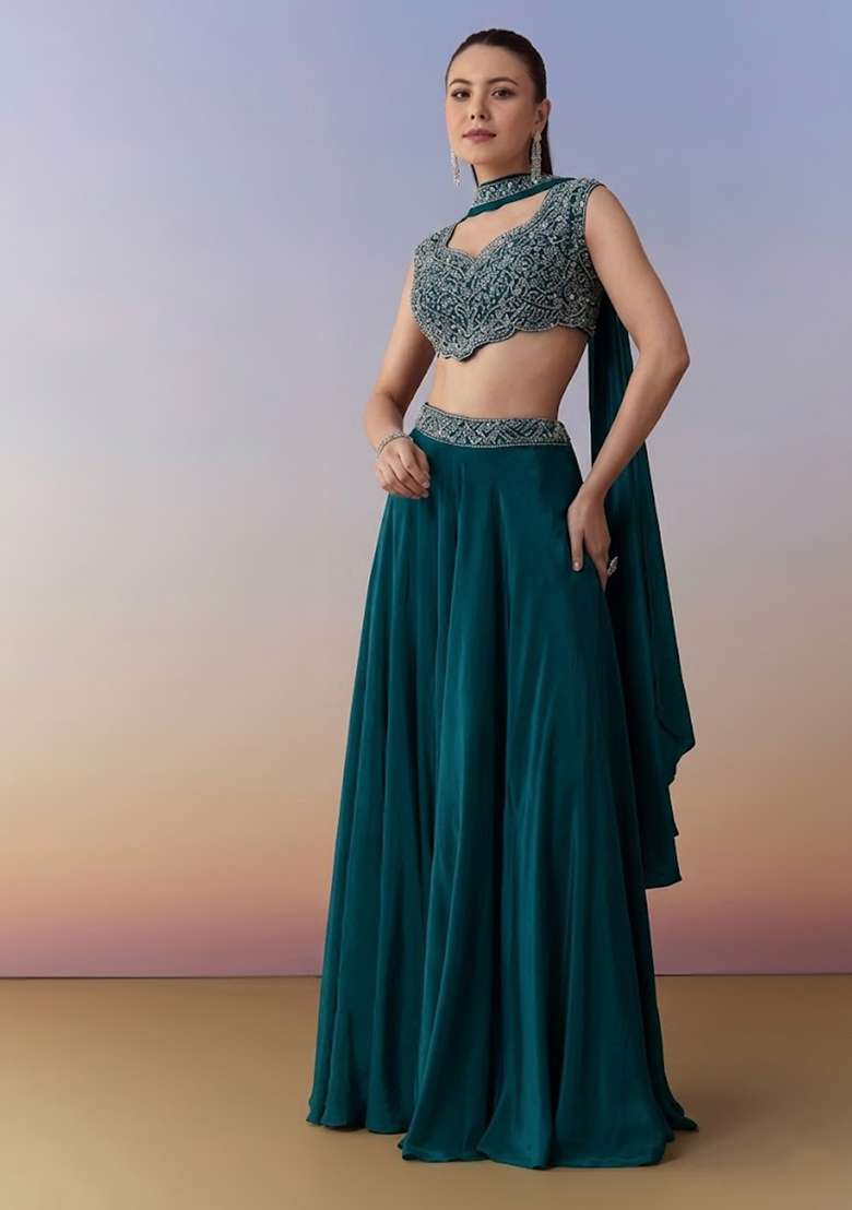 Teal Green Crepe Handwork Fusion Set - Indya