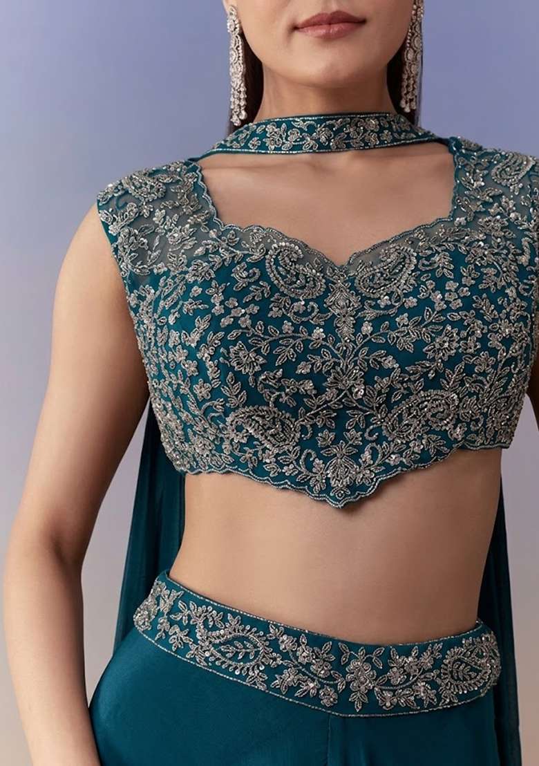 Teal Green Crepe Handwork Fusion Set - Indya