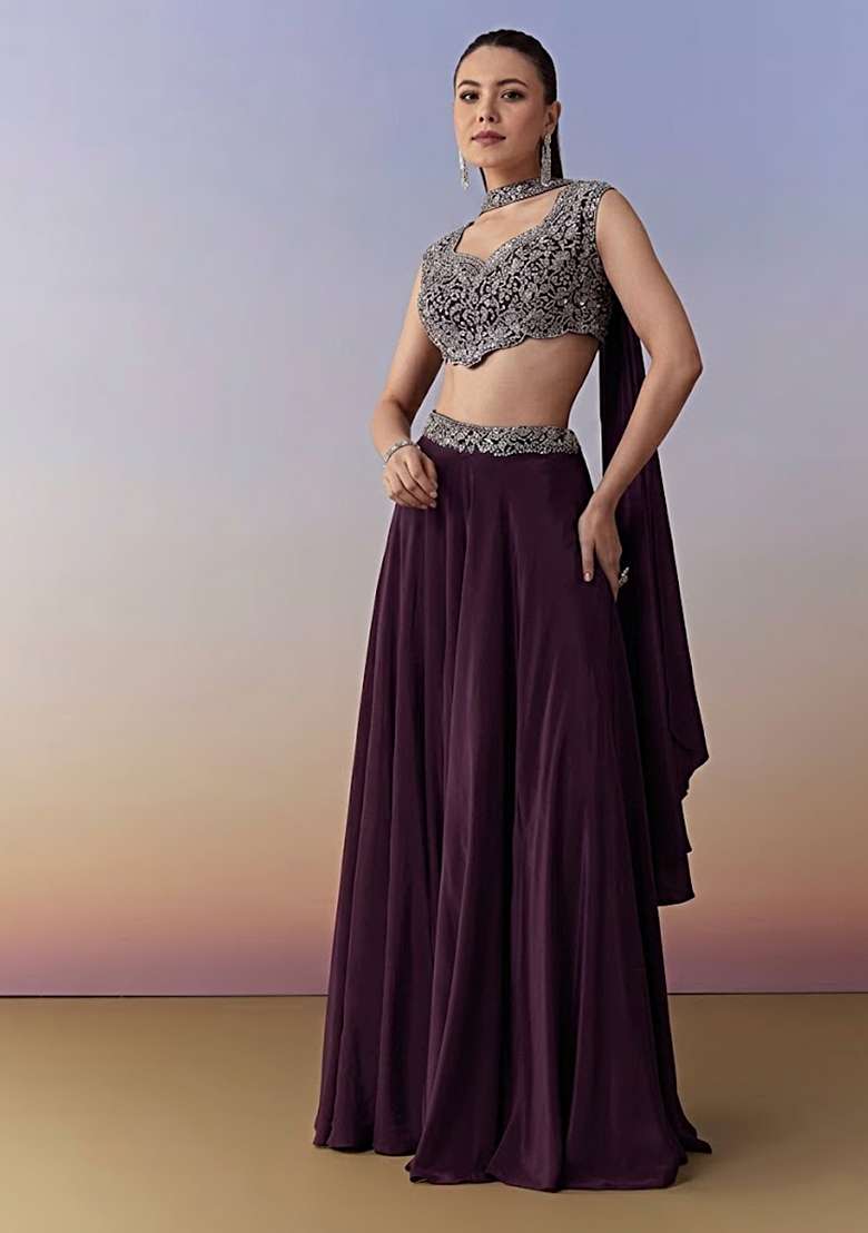 Purple Crepe Handwork Fusion Set - Indya