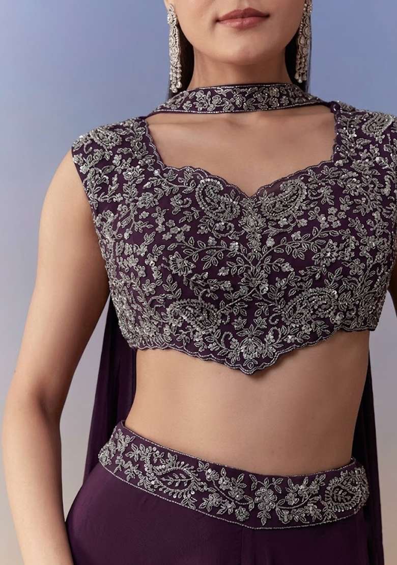 Purple Crepe Handwork Fusion Set - Indya