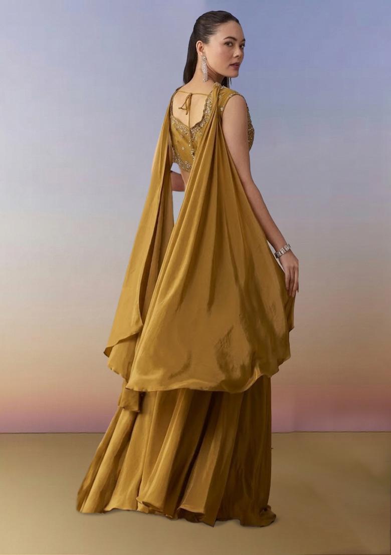 Mustard Crepe Handwork Fusion Set - Indya