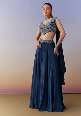 Navy Blue Crepe Handwork Fusion Set
