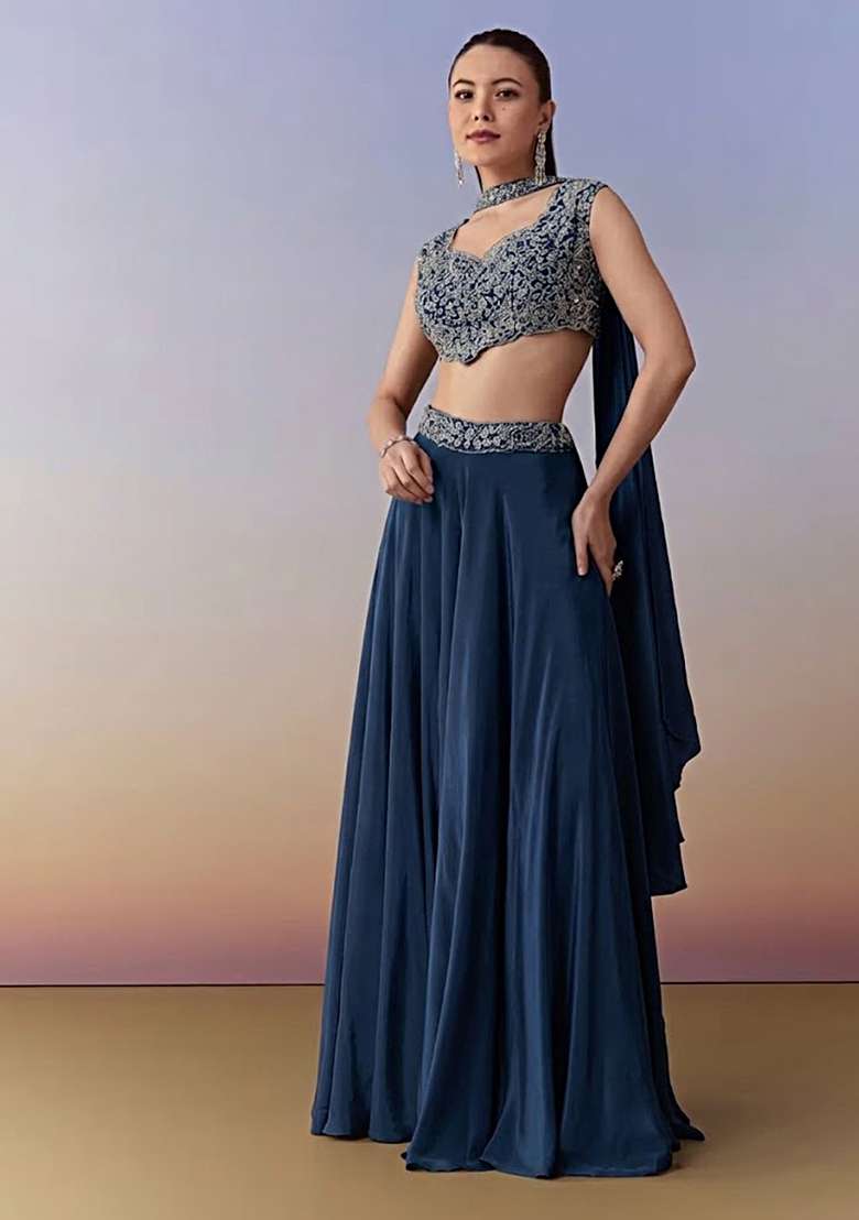 Navy Blue Crepe Handwork Fusion Set - Indya