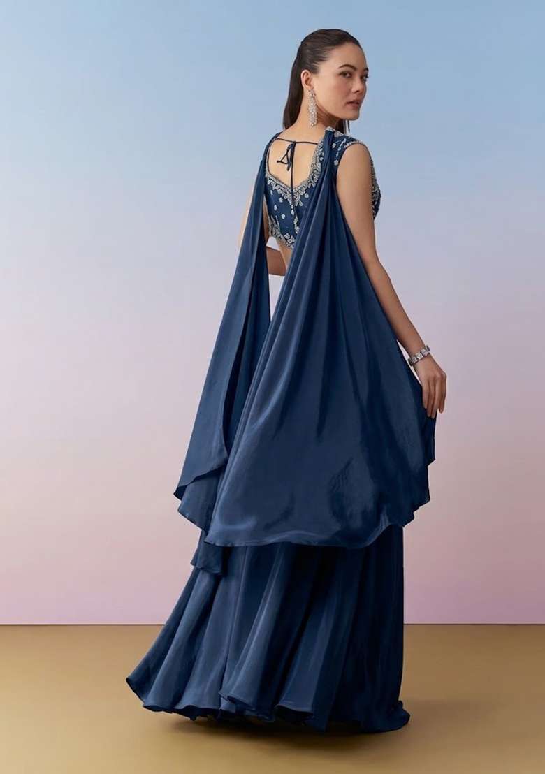Navy Blue Crepe Handwork Fusion Set - Indya