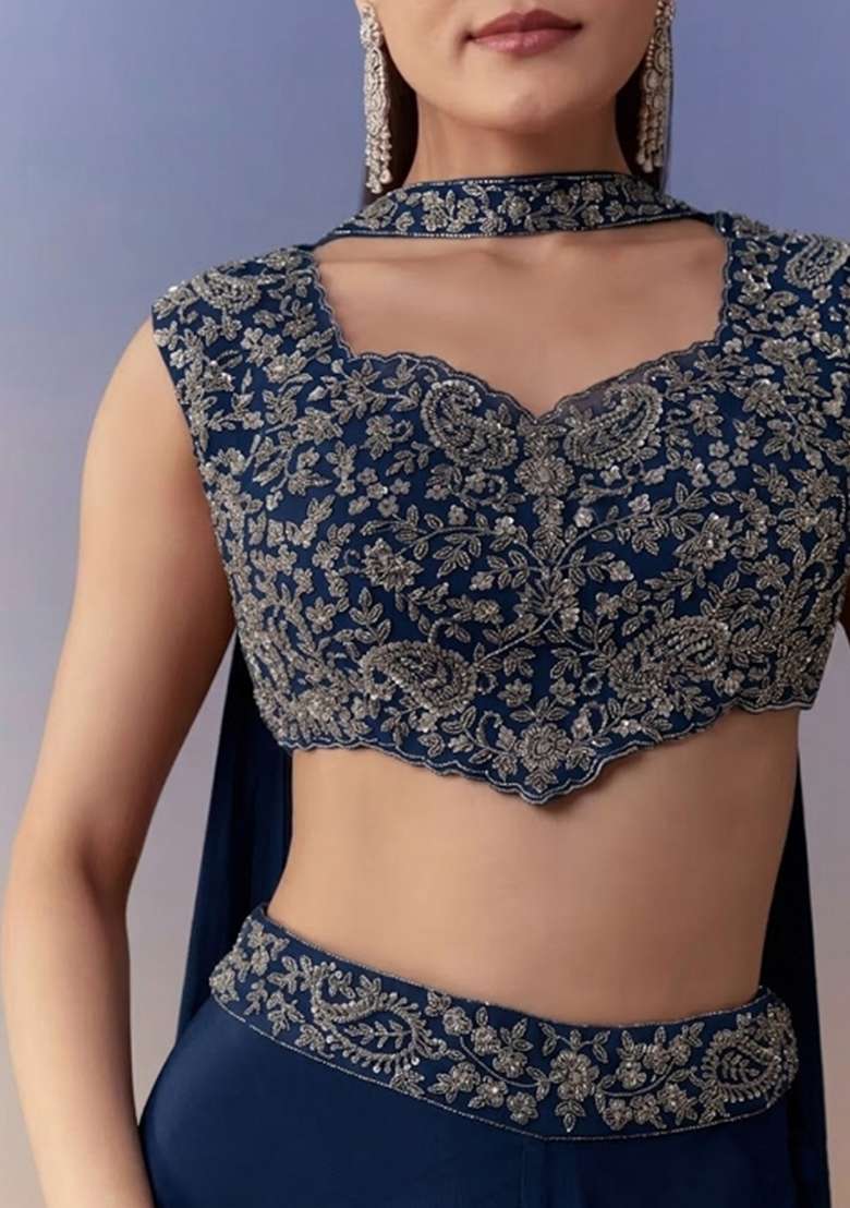 Navy Blue Crepe Handwork Fusion Set - Indya