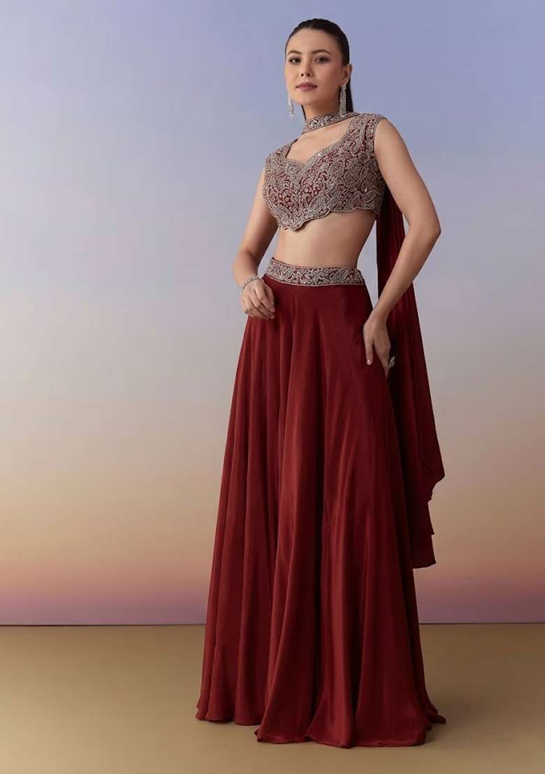 Deep Red Crepe Handwork Fusion Set - Indya