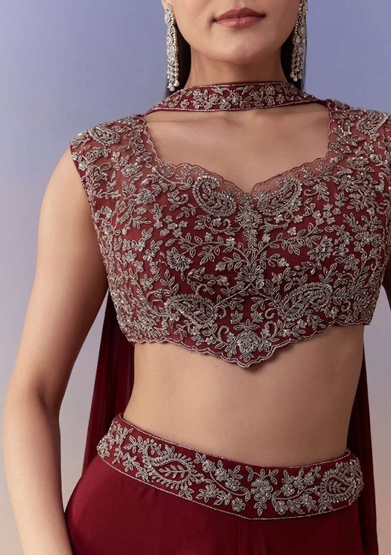 Deep Red Crepe Handwork Fusion Set - Indya