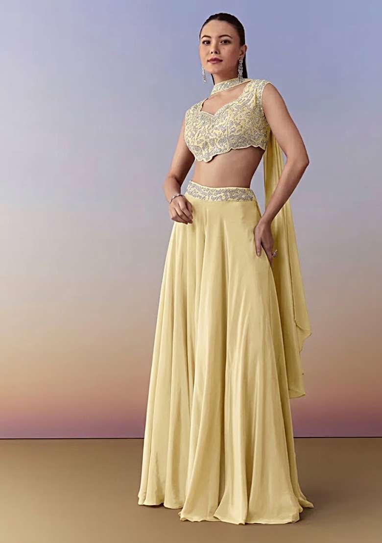 Pastel Yellow Crepe Handwork Fusion Set - Indya