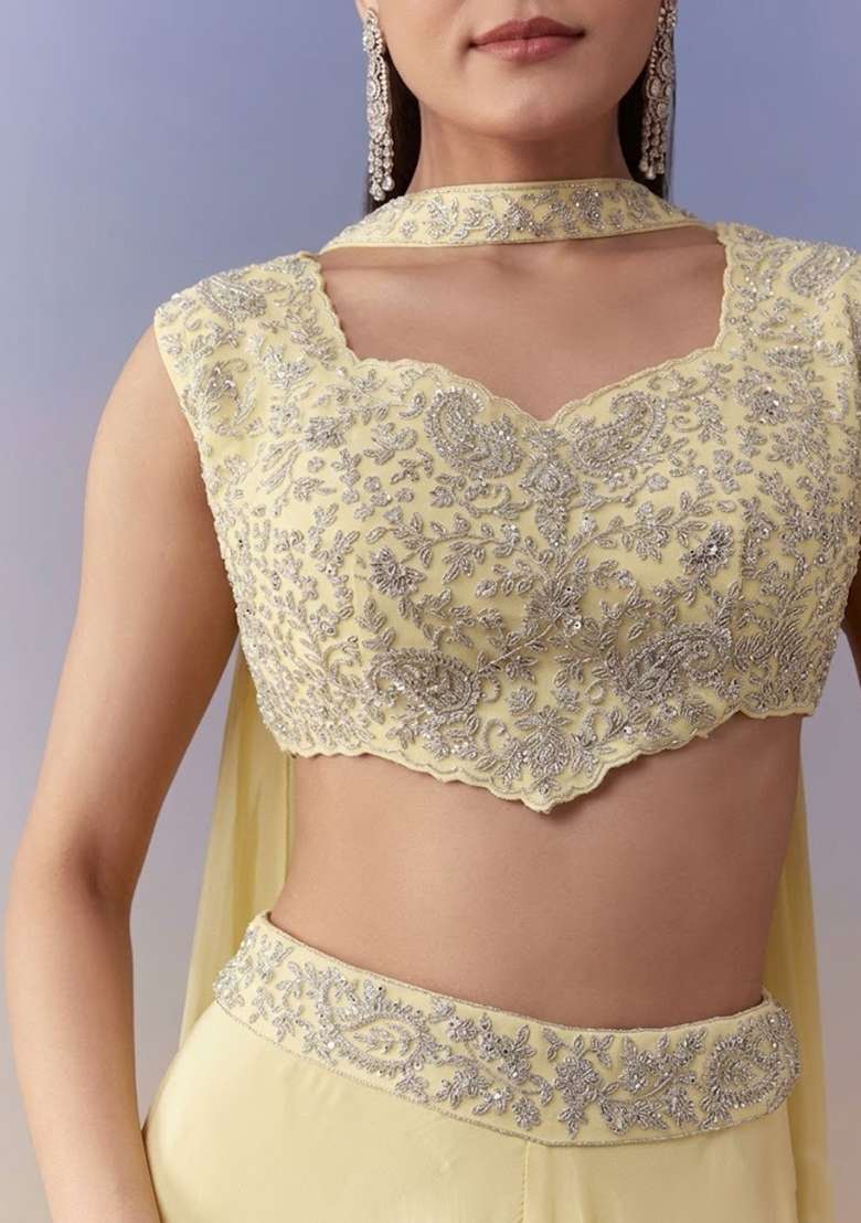 Pastel Yellow Crepe Handwork Fusion Set - Indya
