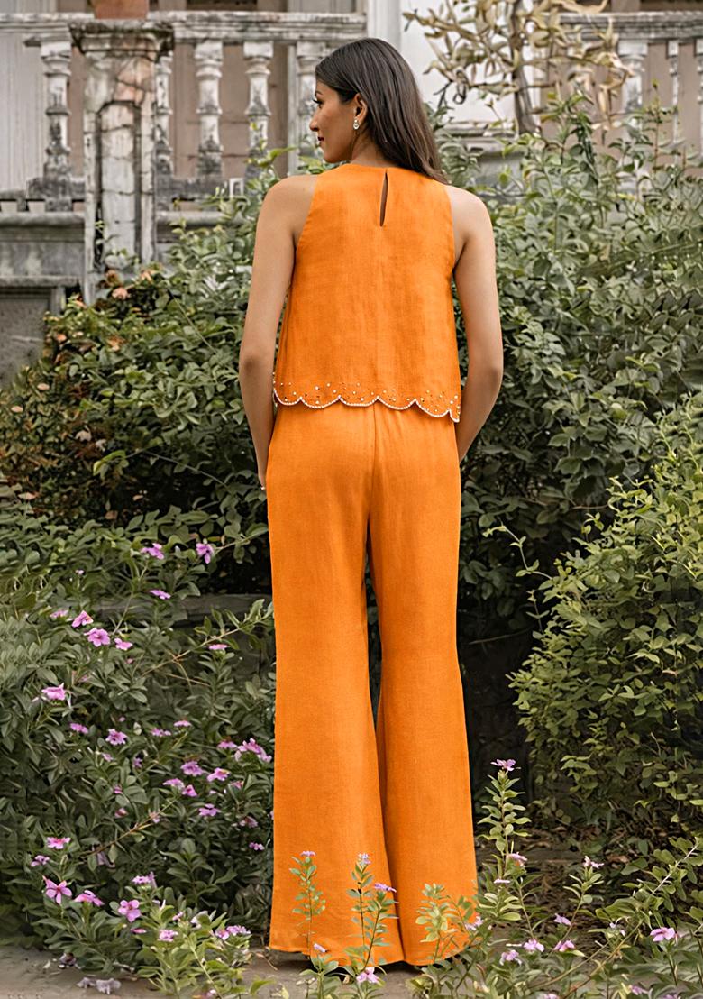 Orange Crepe Handwork Fusion Set - Indya