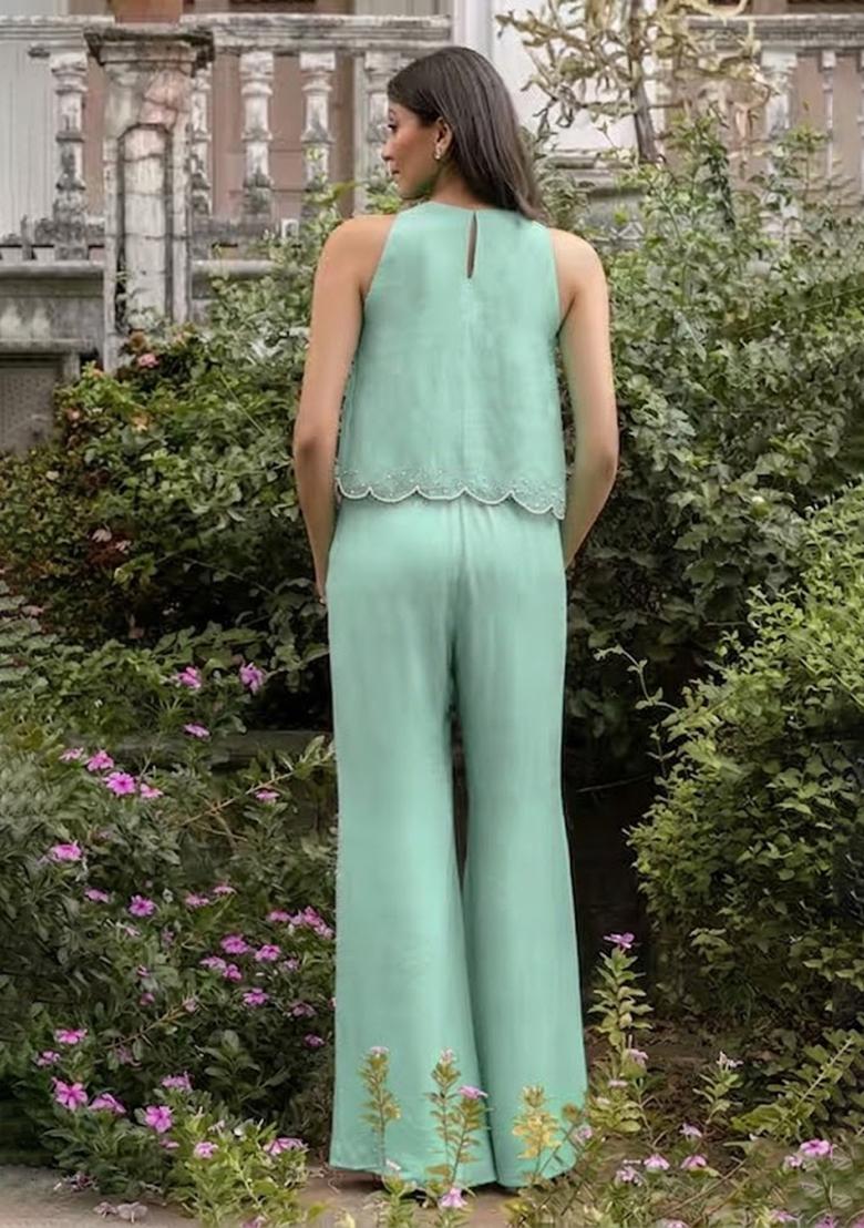 Mint Green Crepe Handwork Fusion Set - Indya