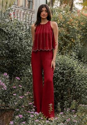 Deep Red Crepe Handwork Fusion Set