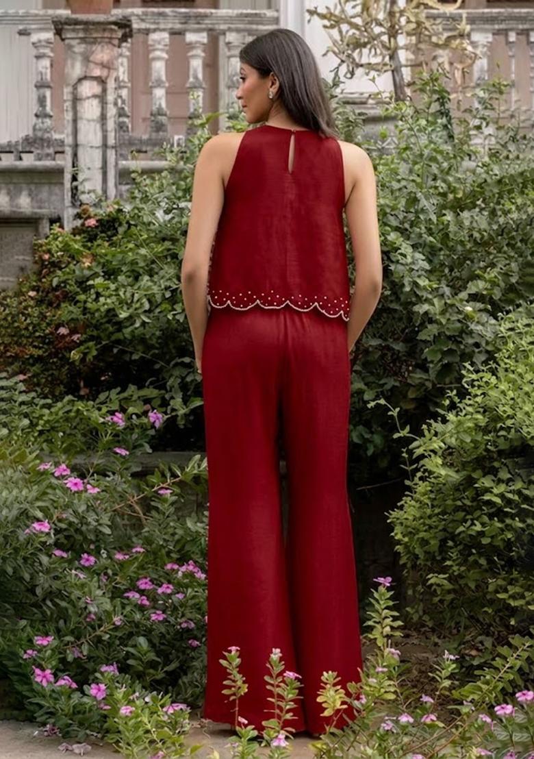 Deep Red Crepe Handwork Fusion Set - Indya
