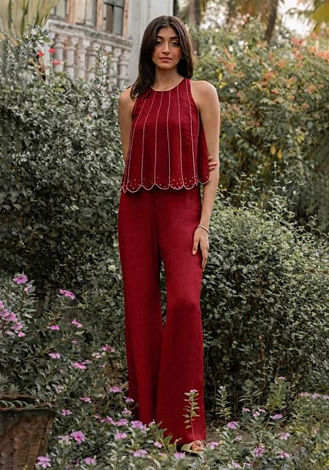 Deep Red Crepe Handwork Fusion Set