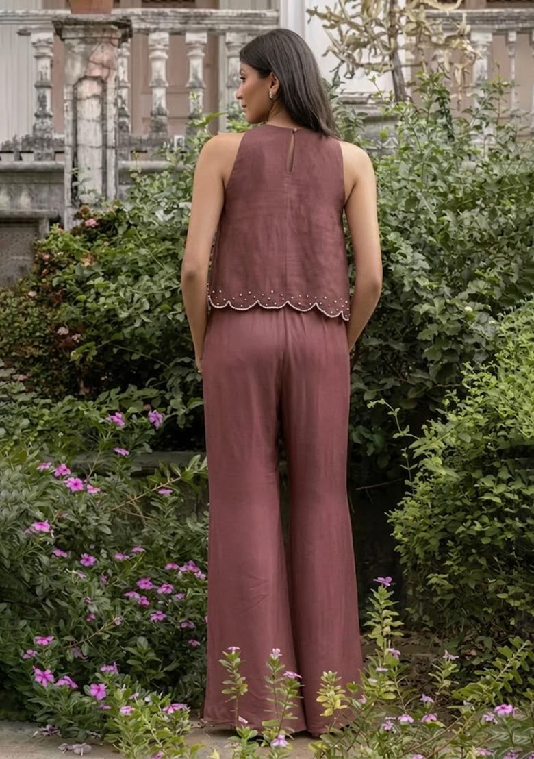 Dusty Mauve Crepe Handwork Fusion Set - Indya