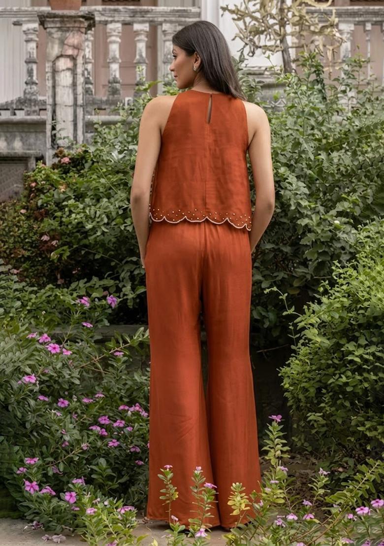 Rust Crepe Handwork Fusion Set - Indya