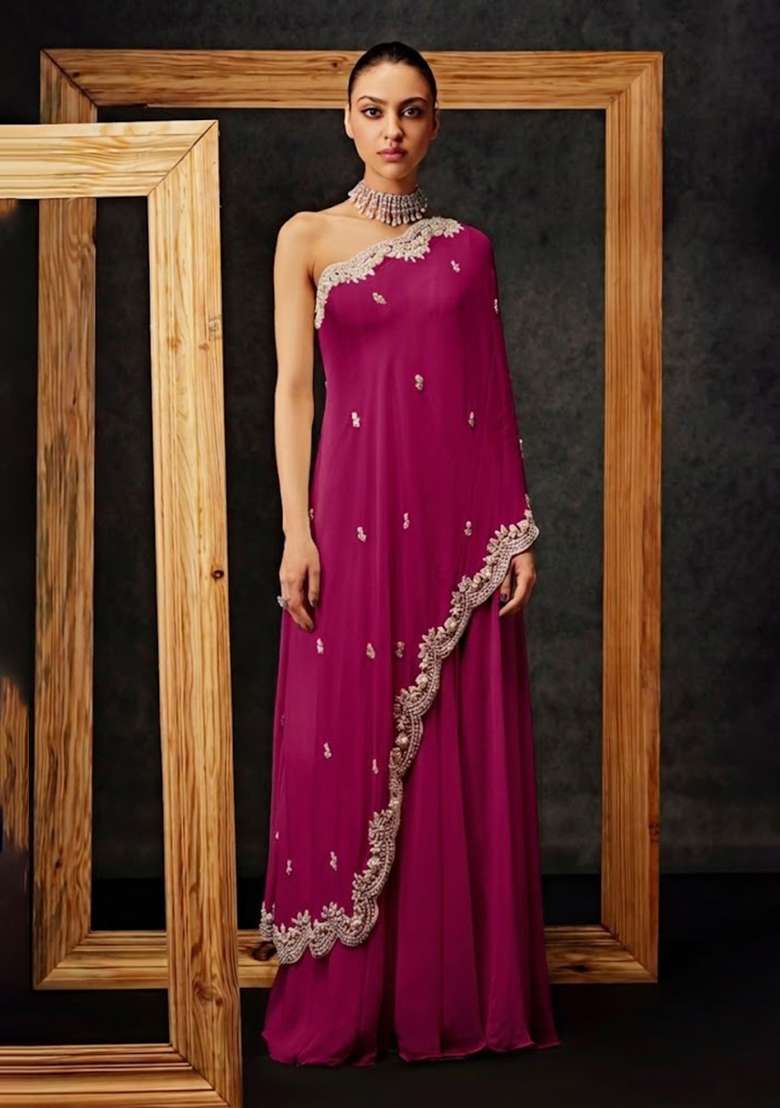 Rani Pink Crepe Handwork Fusion Set - Indya