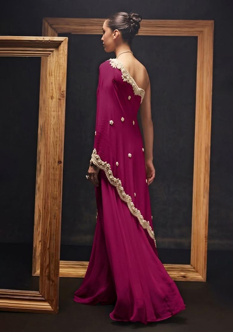Rani Pink Crepe Handwork Fusion Set - Indya