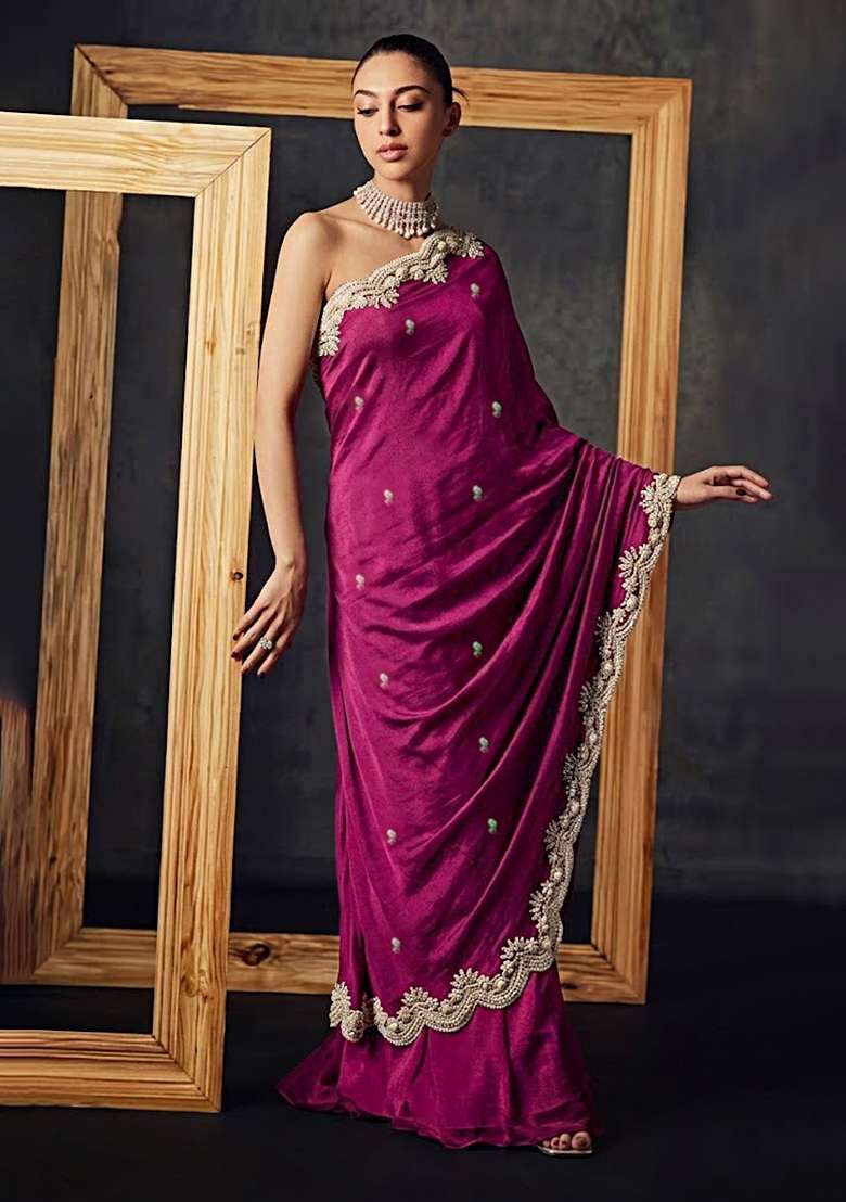 Rani Pink Crepe Handwork Fusion Set - Indya