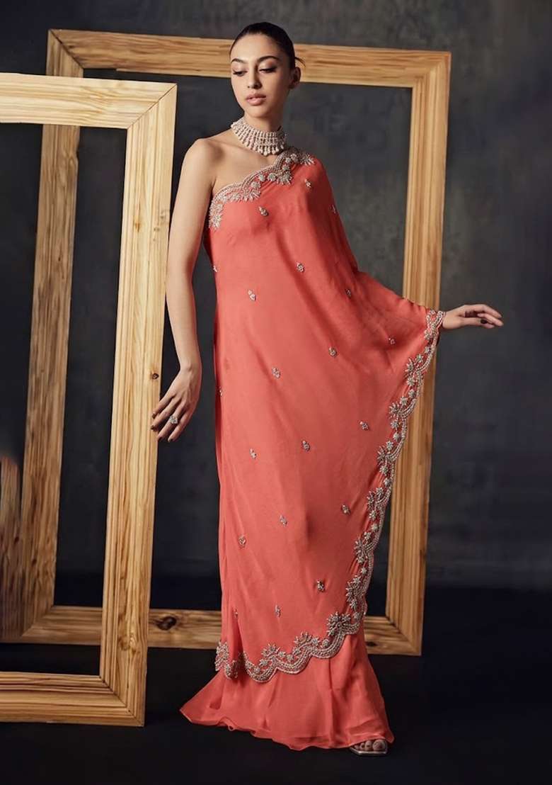 Peach Crepe Handwork Fusion Set - Indya