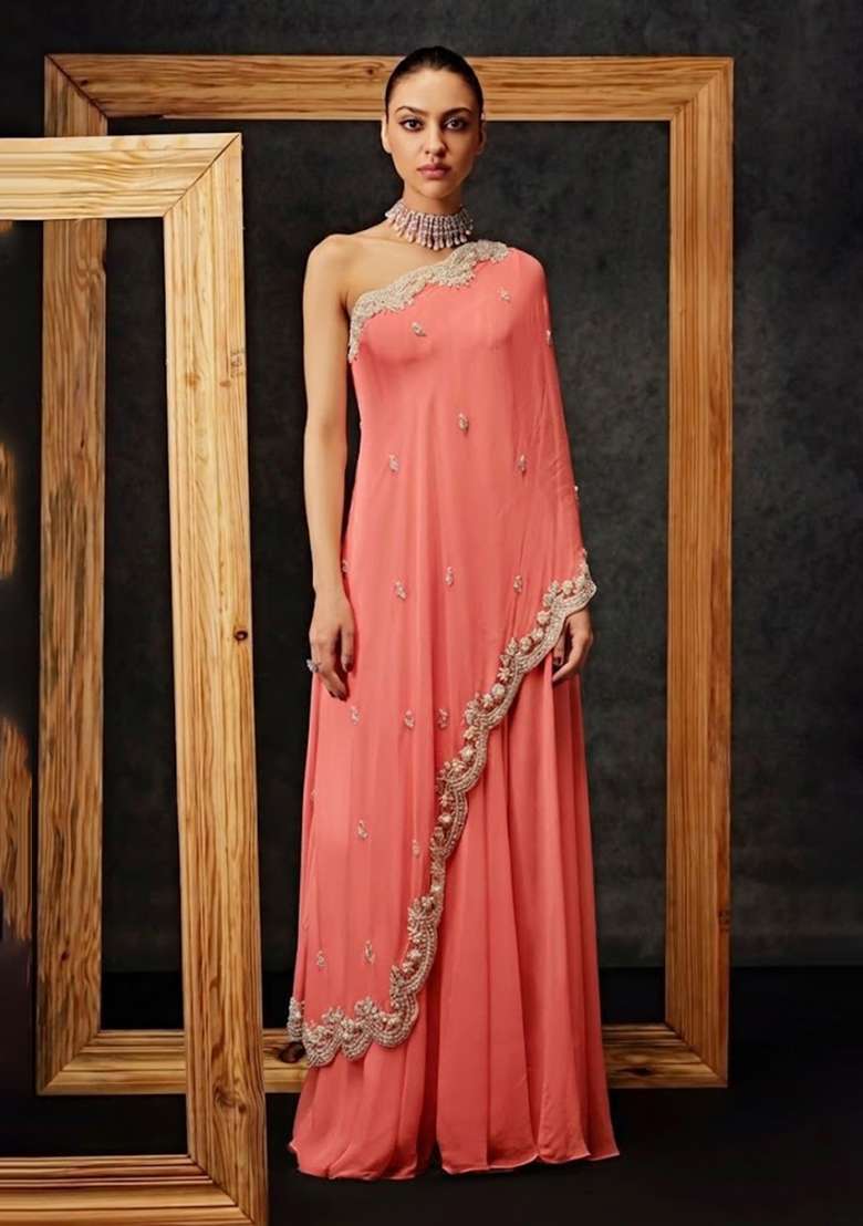 Peach Crepe Handwork Fusion Set - Indya