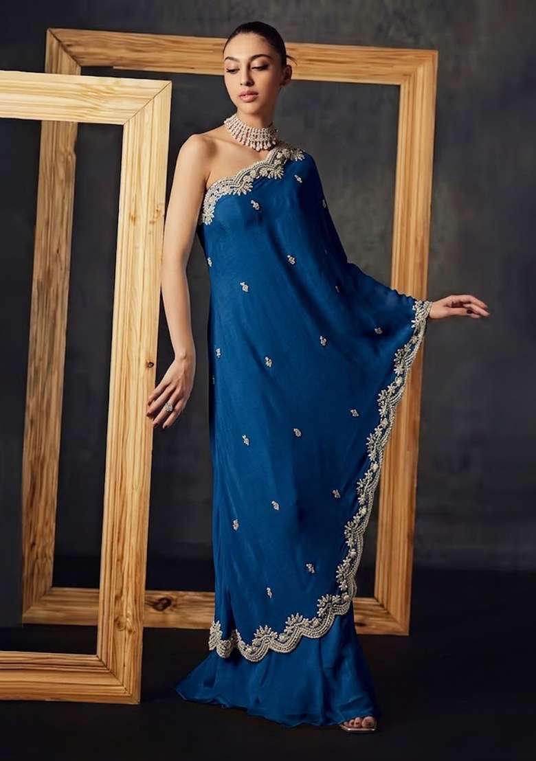 Blue Crepe Handwork Fusion Set - Indya