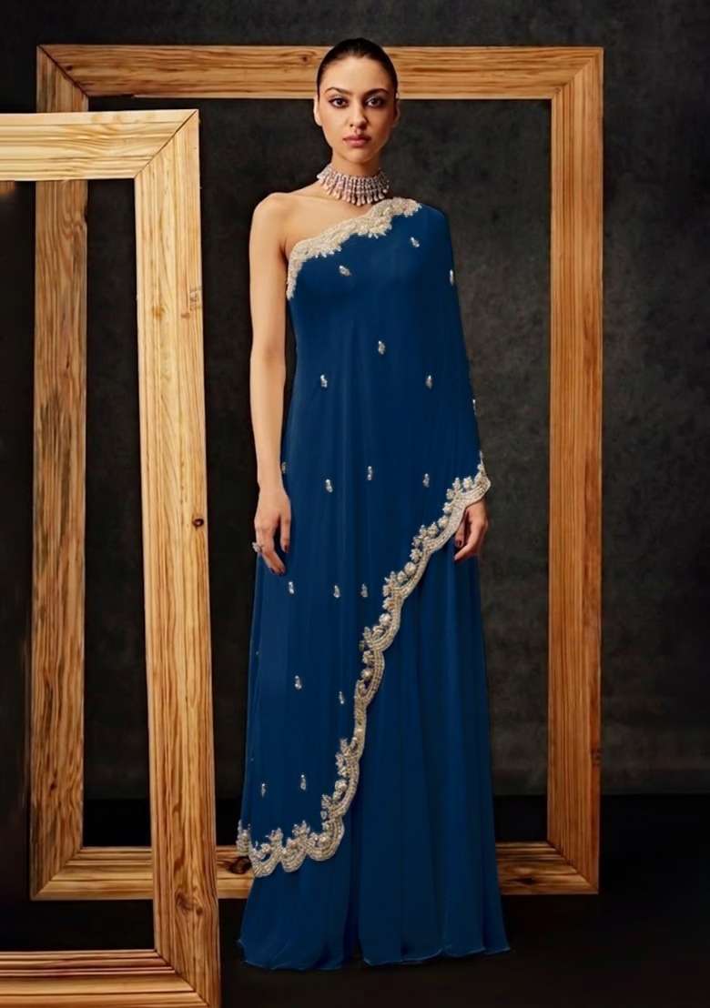 Blue Crepe Handwork Fusion Set - Indya