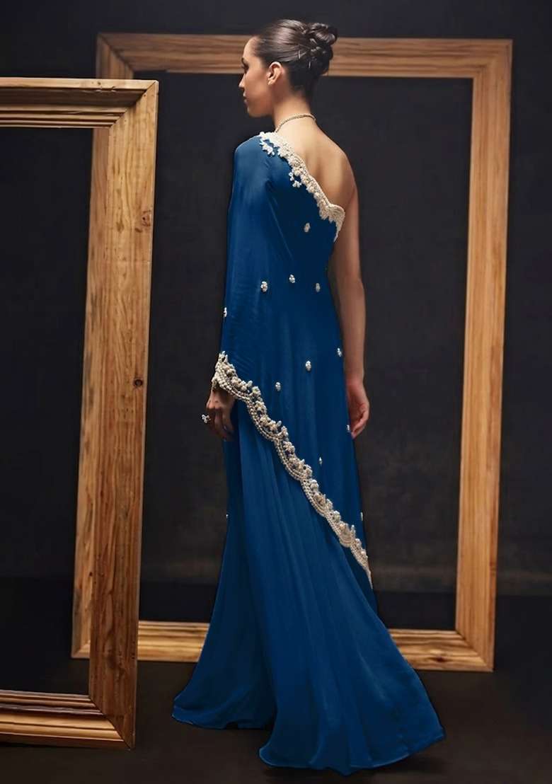 Blue Crepe Handwork Fusion Set - Indya