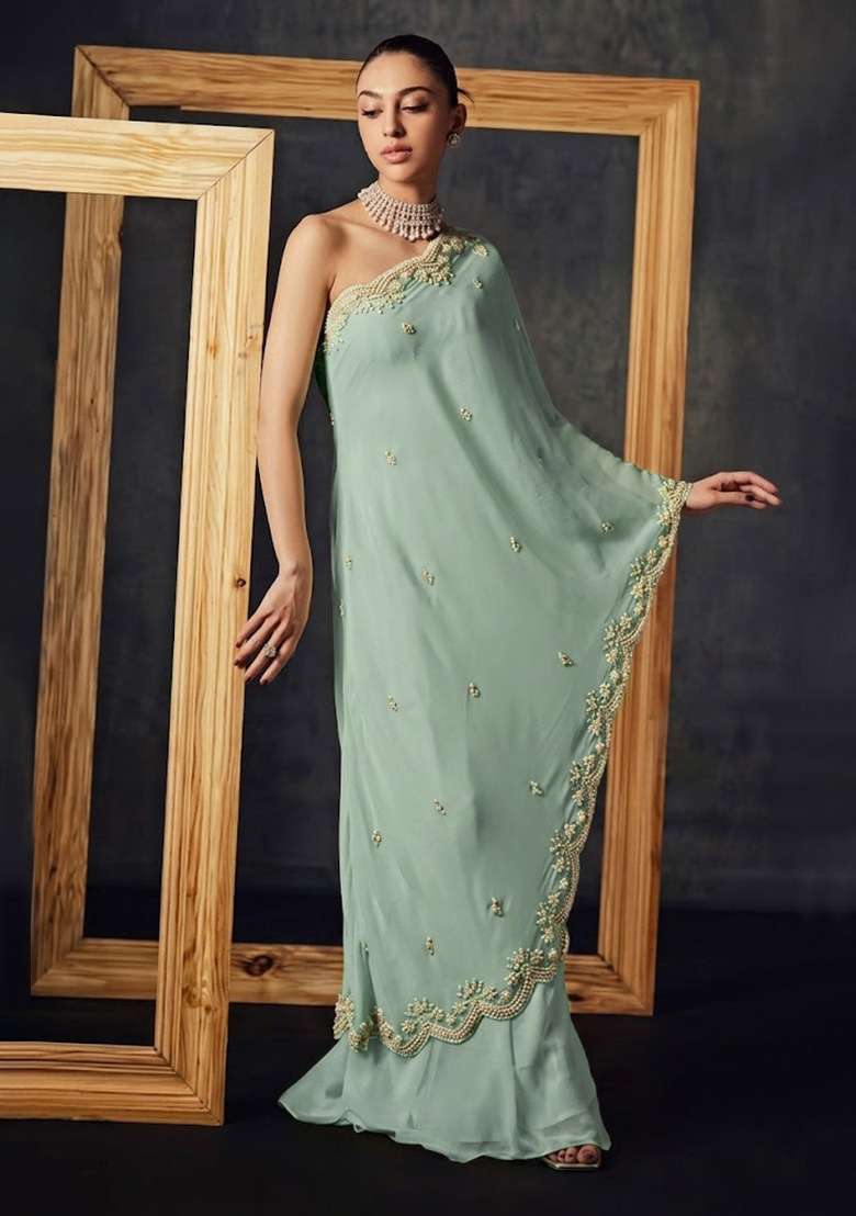 Sage Green Crepe Handwork Fusion Set - Indya