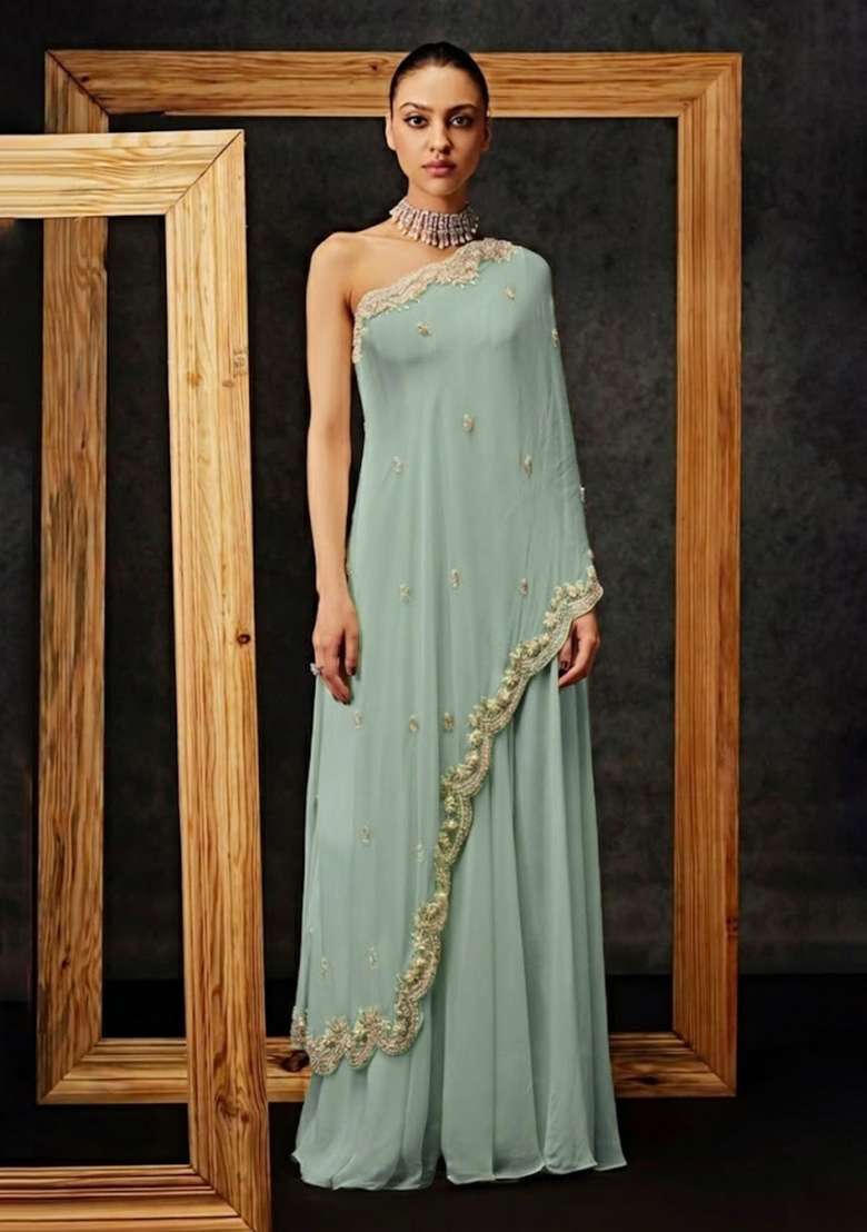 Sage Green Crepe Handwork Fusion Set - Indya