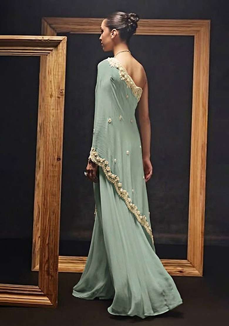 Sage Green Crepe Handwork Fusion Set - Indya