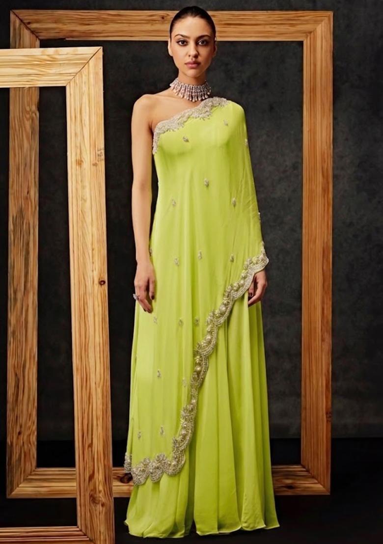 Lime Green Crepe Handwork Fusion Set - Indya
