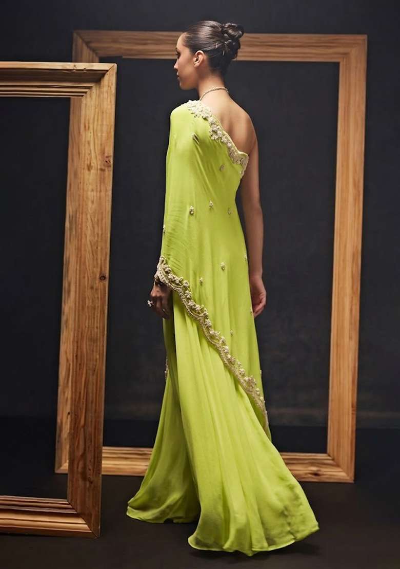 Lime Green Crepe Handwork Fusion Set - Indya