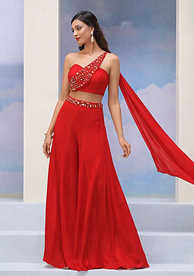 Red Crepe Handwork Fusion Set - Indya