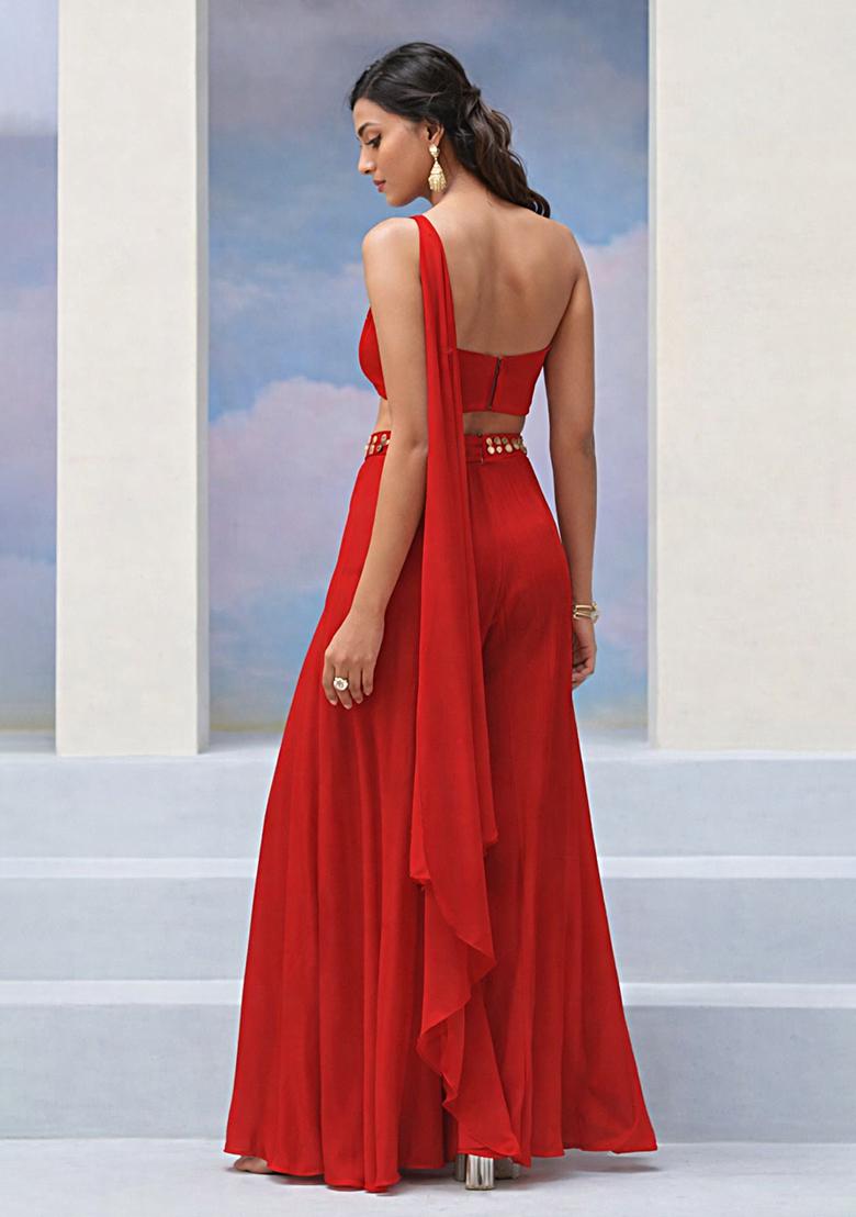 Red Crepe Handwork Fusion Set - Indya