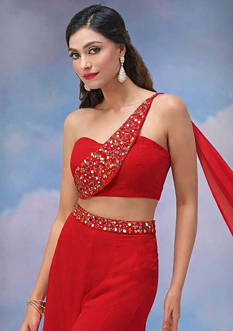 Red Crepe Handwork Fusion Set - Indya