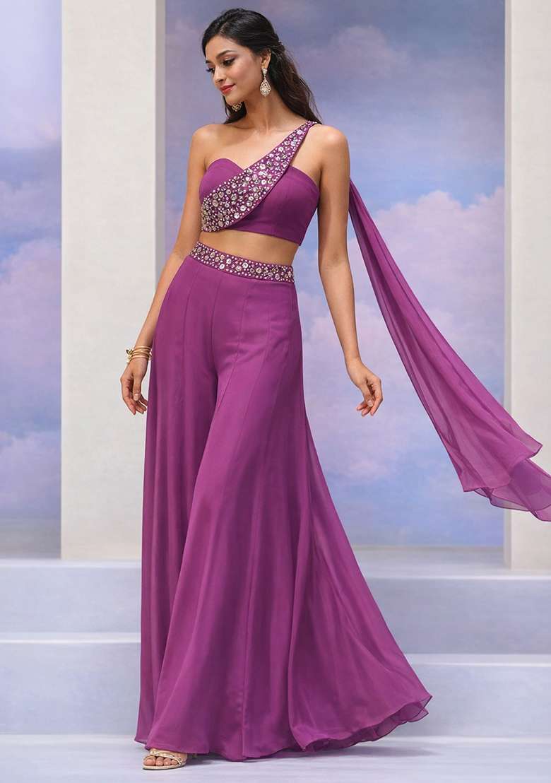 Purple Crepe Handwork Fusion Set - Indya