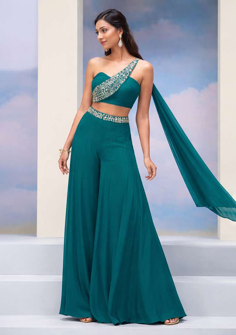 Teal Blue Crepe Handwork Fusion Set - Indya