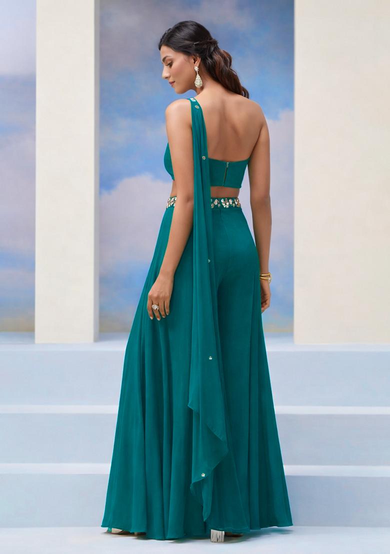 Teal Blue Crepe Handwork Fusion Set - Indya