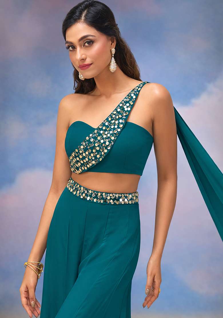 Teal Blue Crepe Handwork Fusion Set - Indya