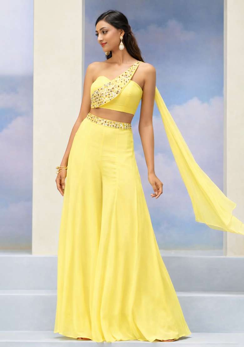 Yellow Crepe Handwork Fusion Set - Indya