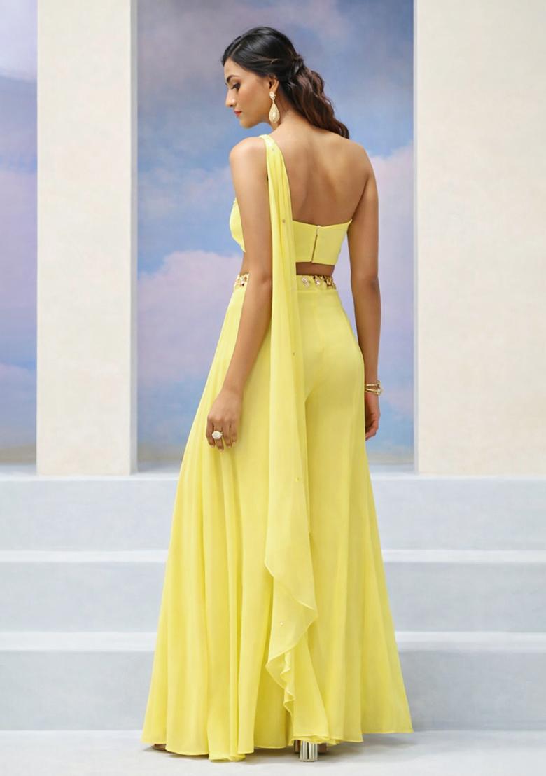 Yellow Crepe Handwork Fusion Set - Indya