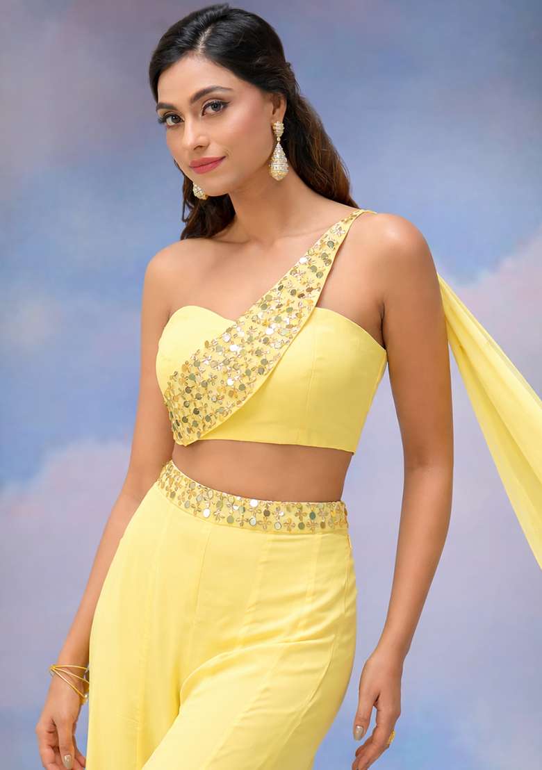 Yellow Crepe Handwork Fusion Set - Indya