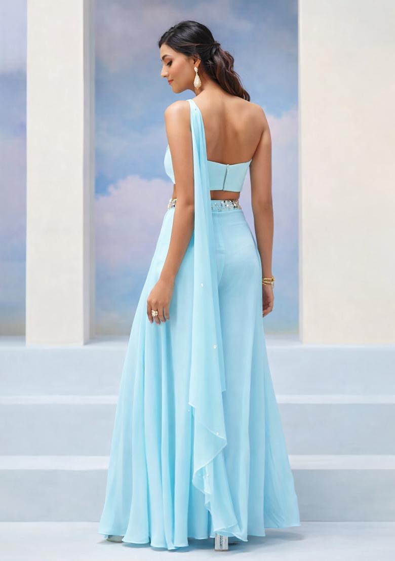 Ice Blue Crepe Handwork Fusion Set - Indya